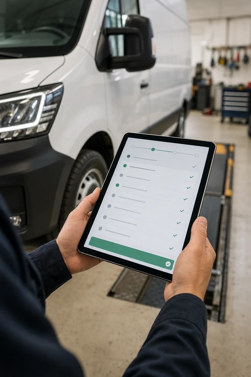 Checklist véhicule remplie sur tablette dans un atelier
