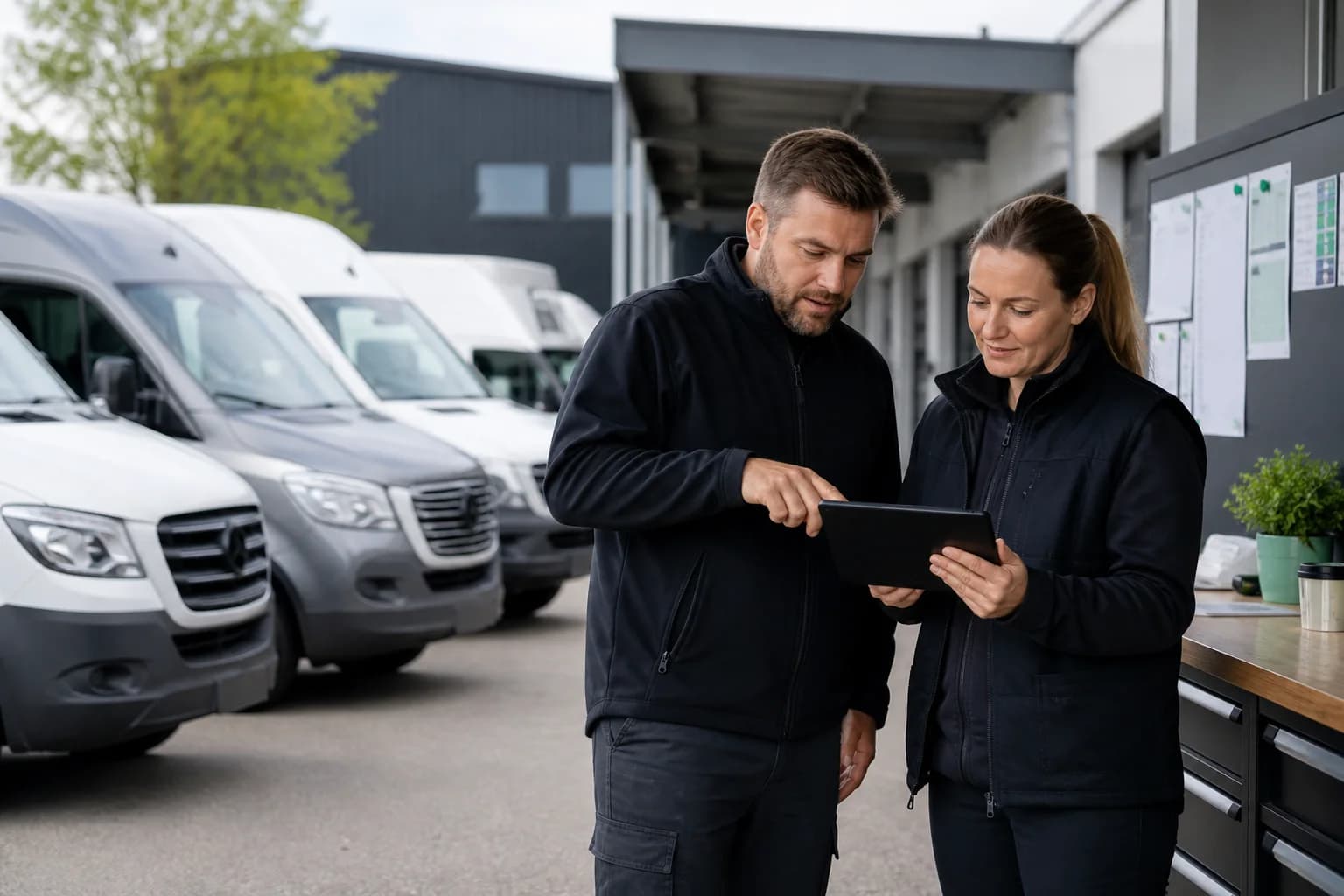 Responsables de flotte consultant une tablette devant des véhicules